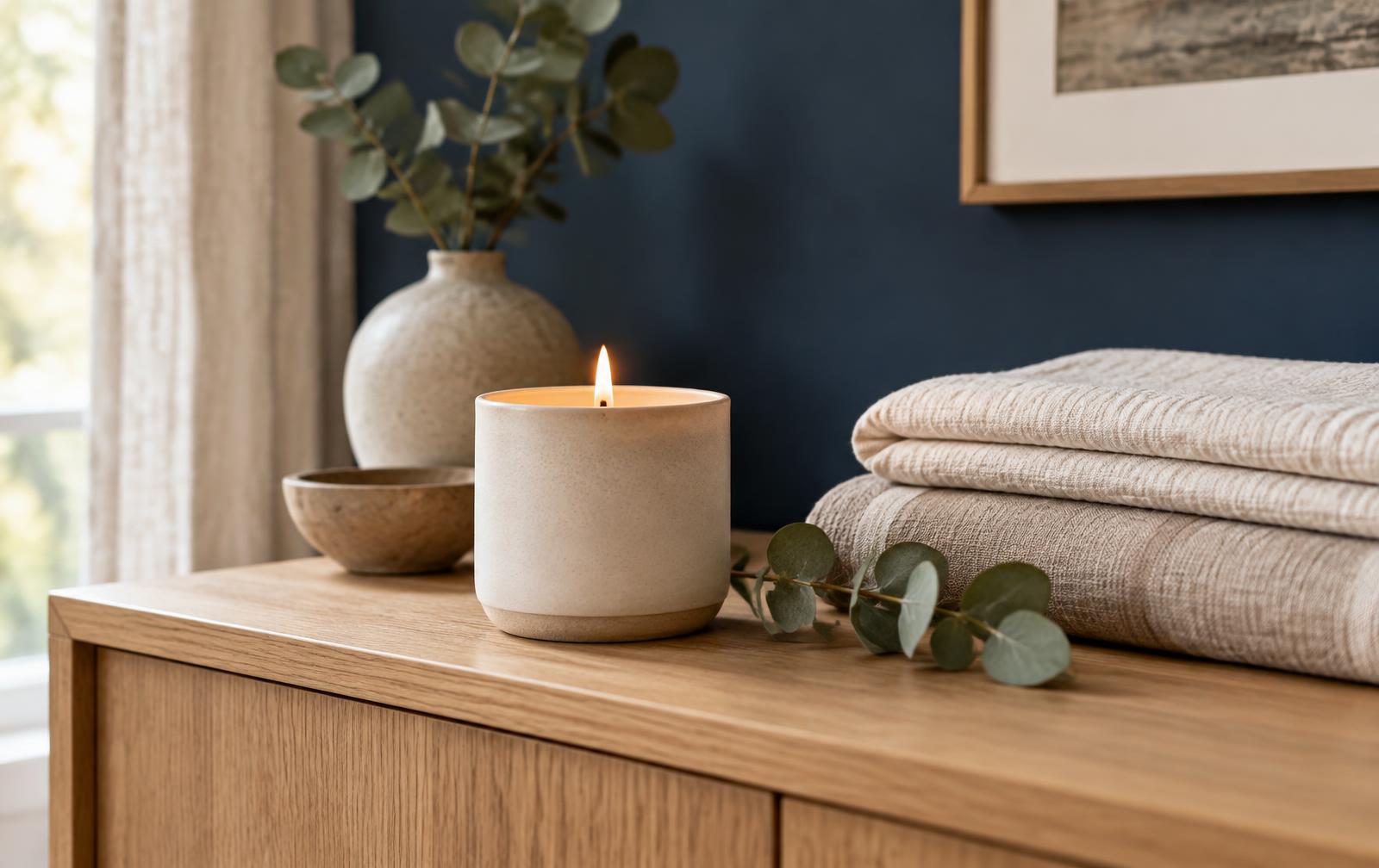 A hand-poured EverlyGoods candle glowing on an oak sideboard beside folded linen