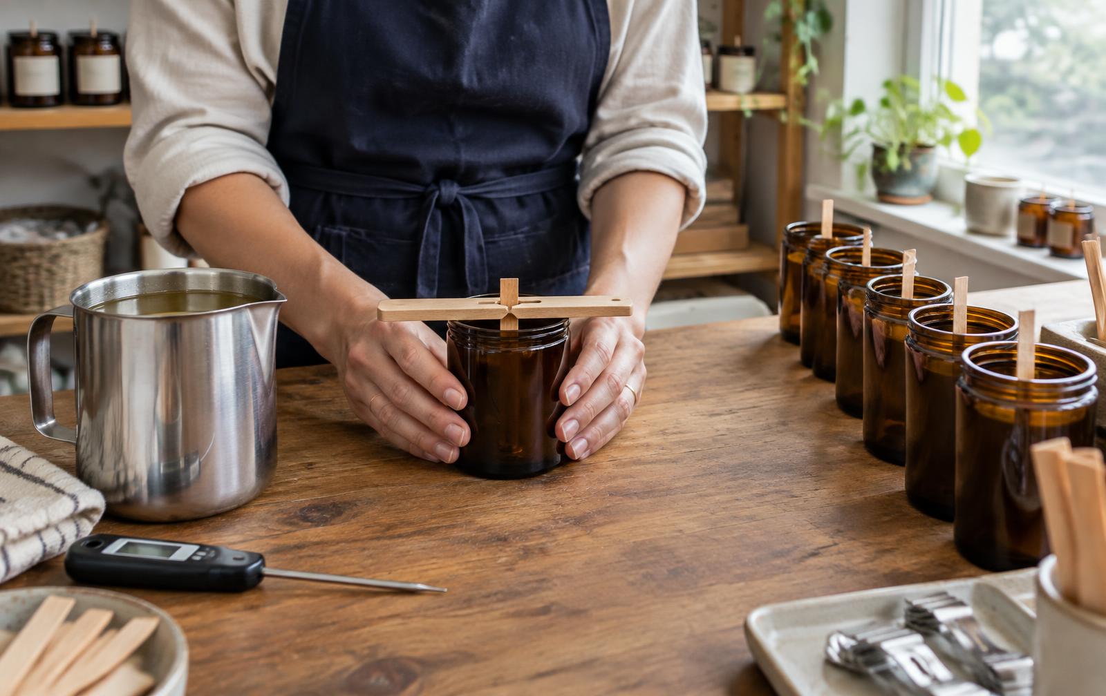 Hands steadying an amber jar with a wooden wick centering tool on a wooden workbench, beside a pouring pitcher, thermometer, and a row of empty amber jars