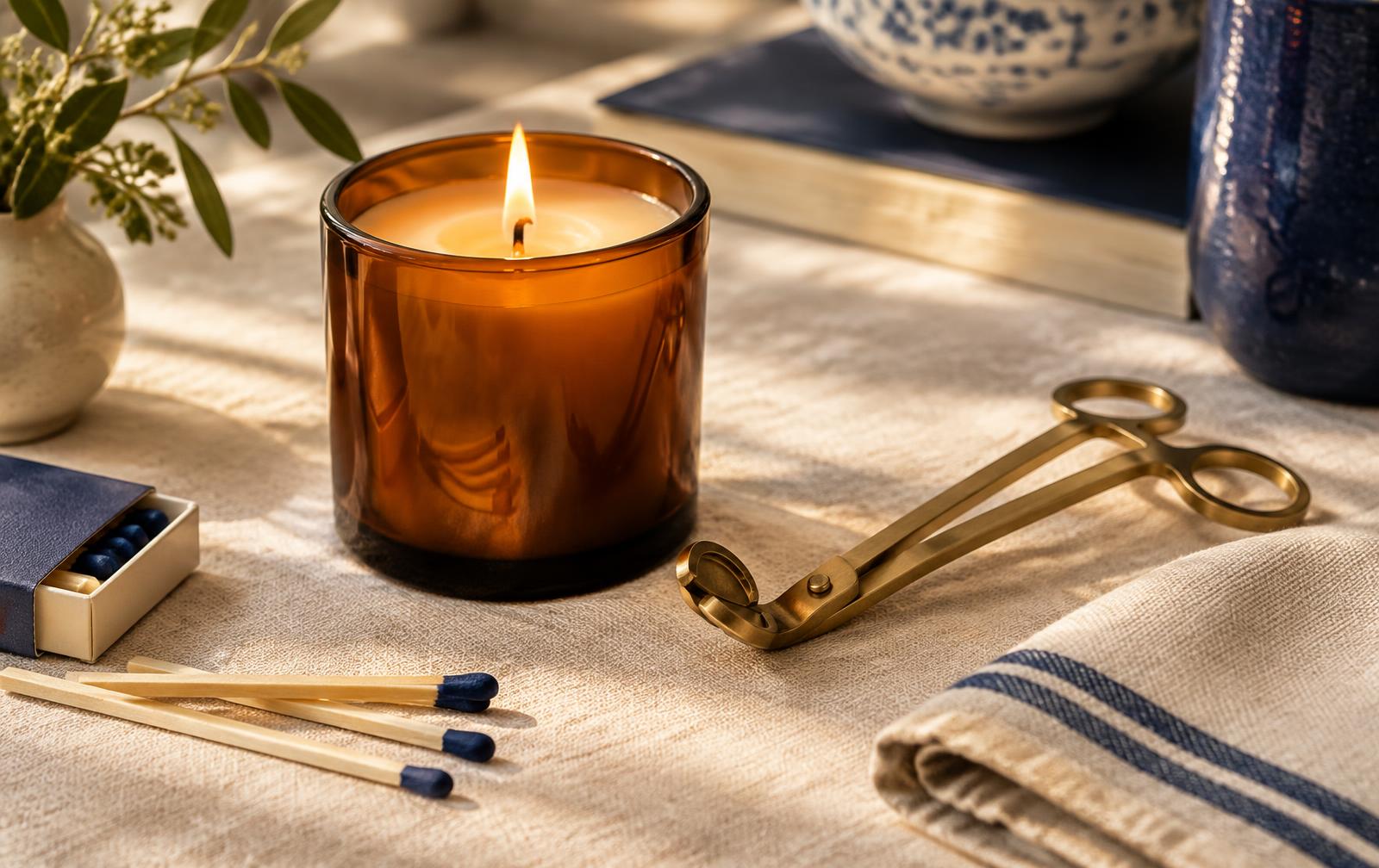 A lit candle in an amber glass jar beside a brass wick trimmer, matches, and a folded linen cloth