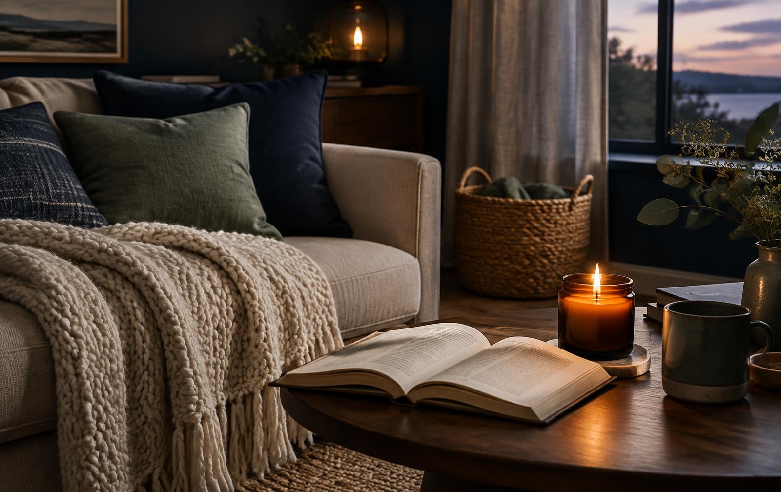 A cozy evening scene with a chunky cream knit throw, a woven basket, an open book, and a lit amber candle on a wooden coffee table at dusk