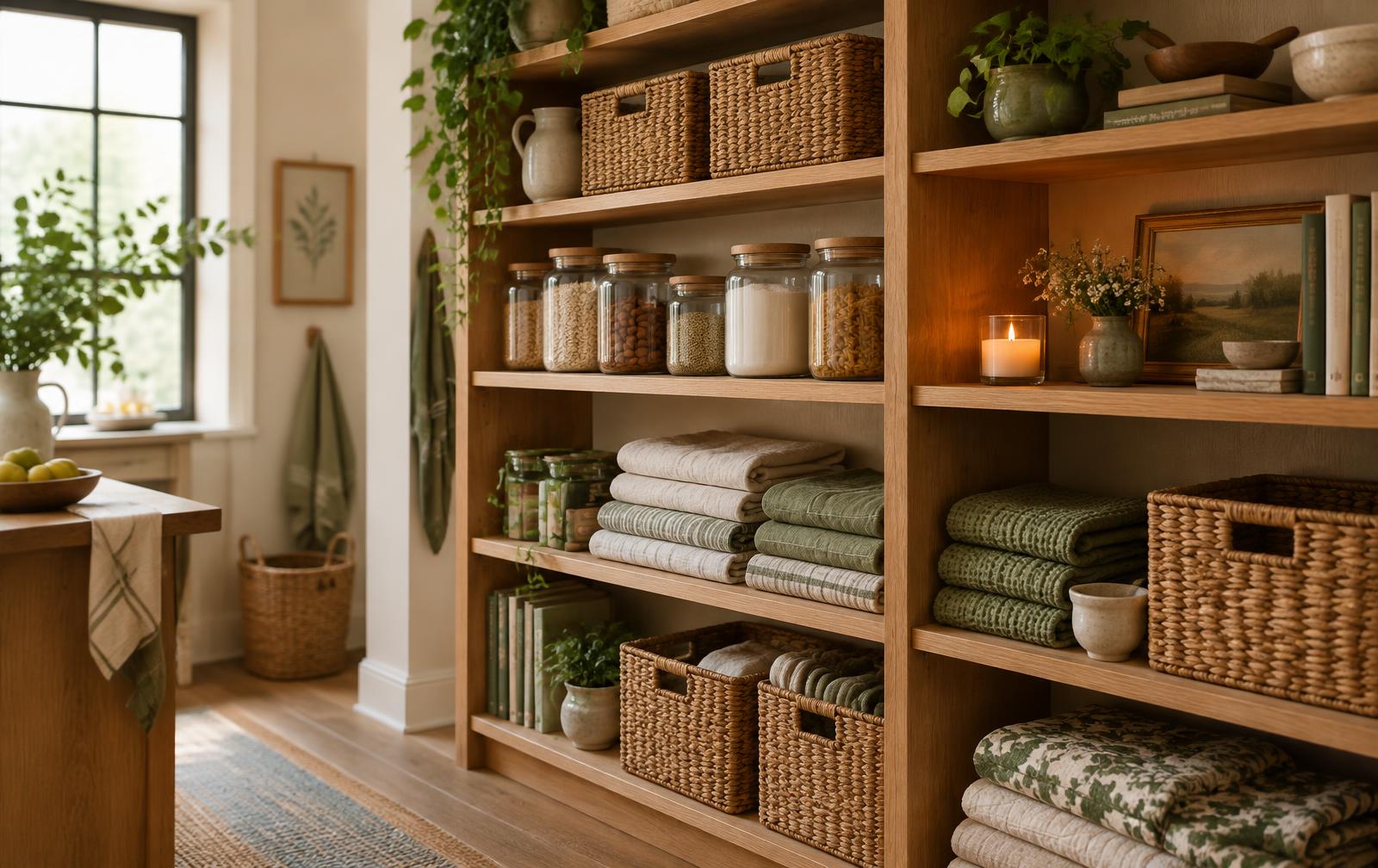 An organized oak shelf with woven baskets, folded linens, glass storage jars, and a lit candle
