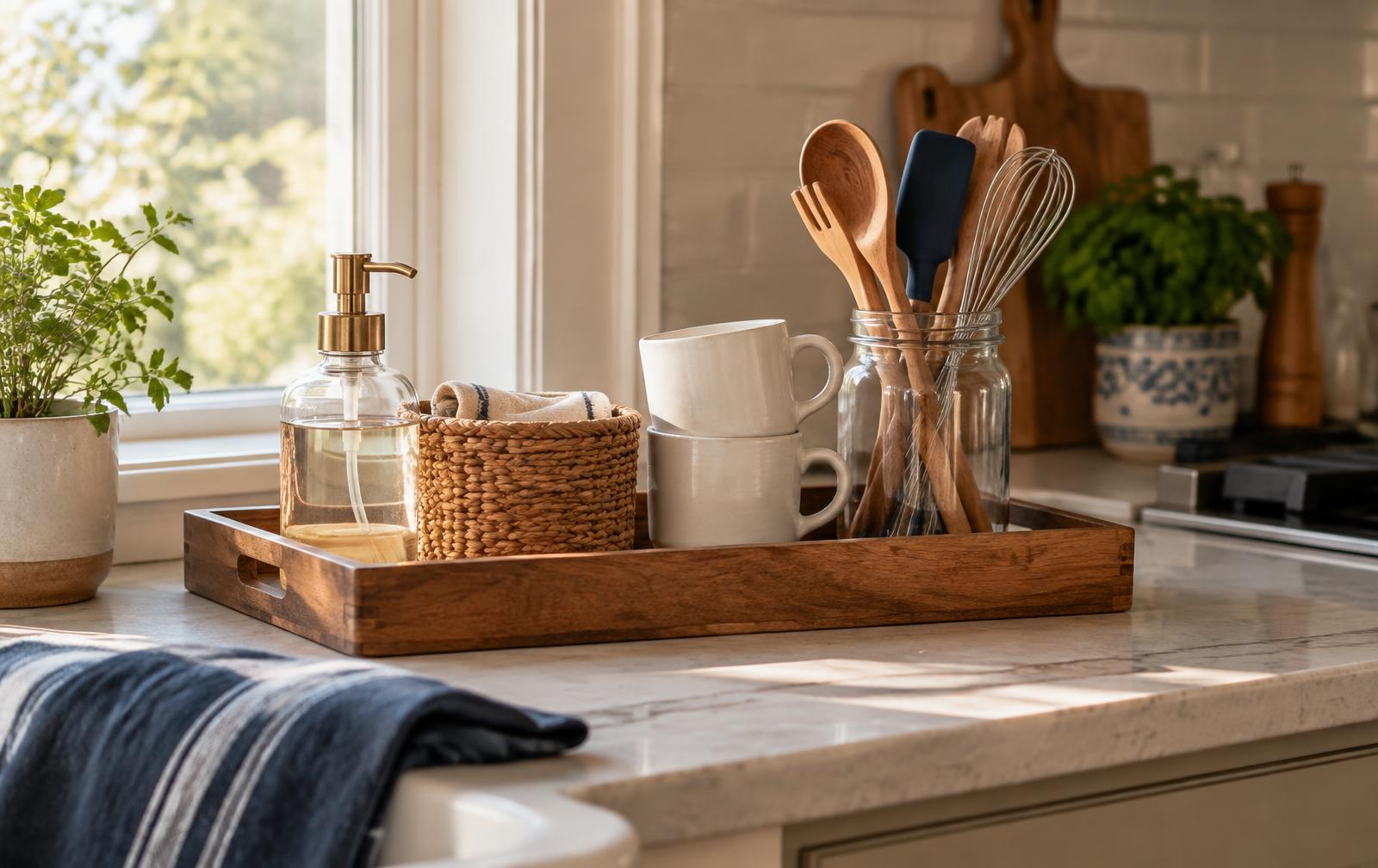 A tidy wooden tray on a marble kitchen counter holding a soap dispenser, woven basket, stacked mugs, and a glass jar of utensils in soft morning light