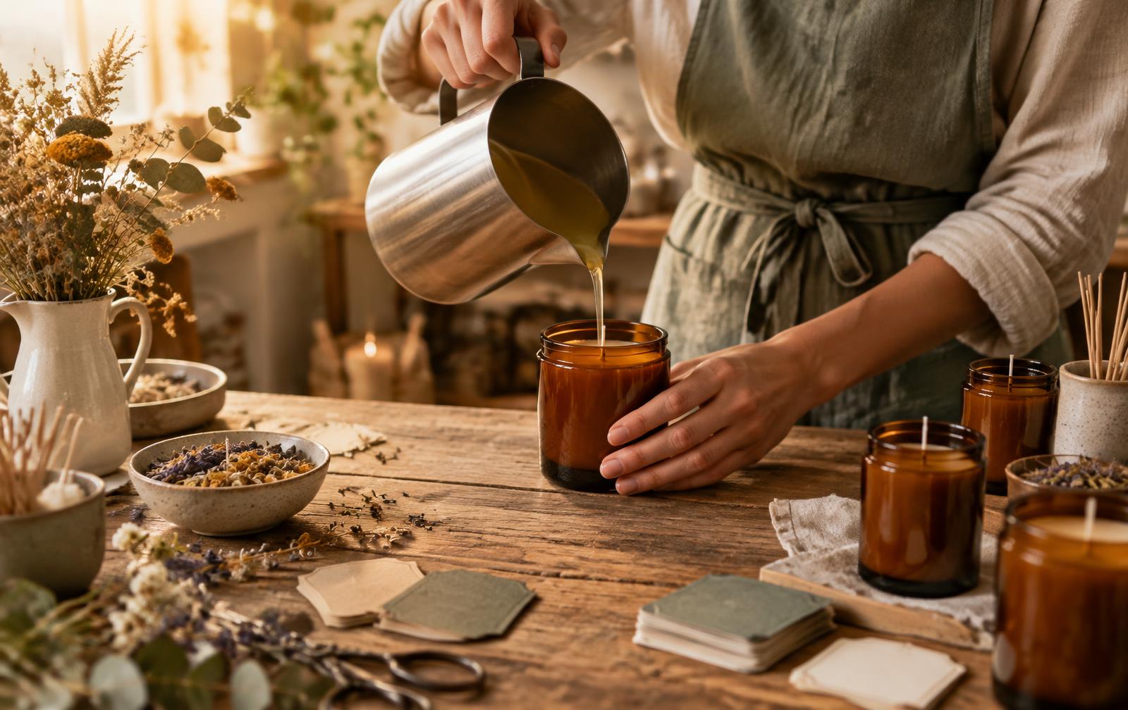 Hands pouring melted wax from a metal pitcher into an amber candle jar in a cozy small studio