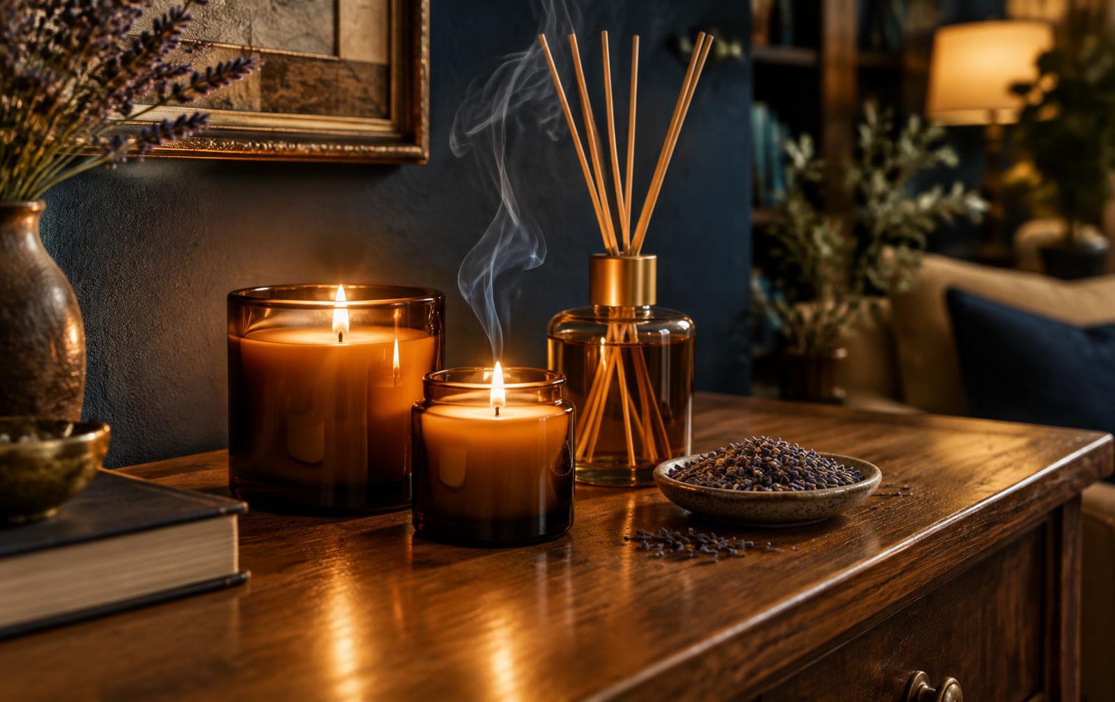 Two lit amber jar candles beside a reed diffuser and a small dish of dried lavender on a wooden console table in warm evening light