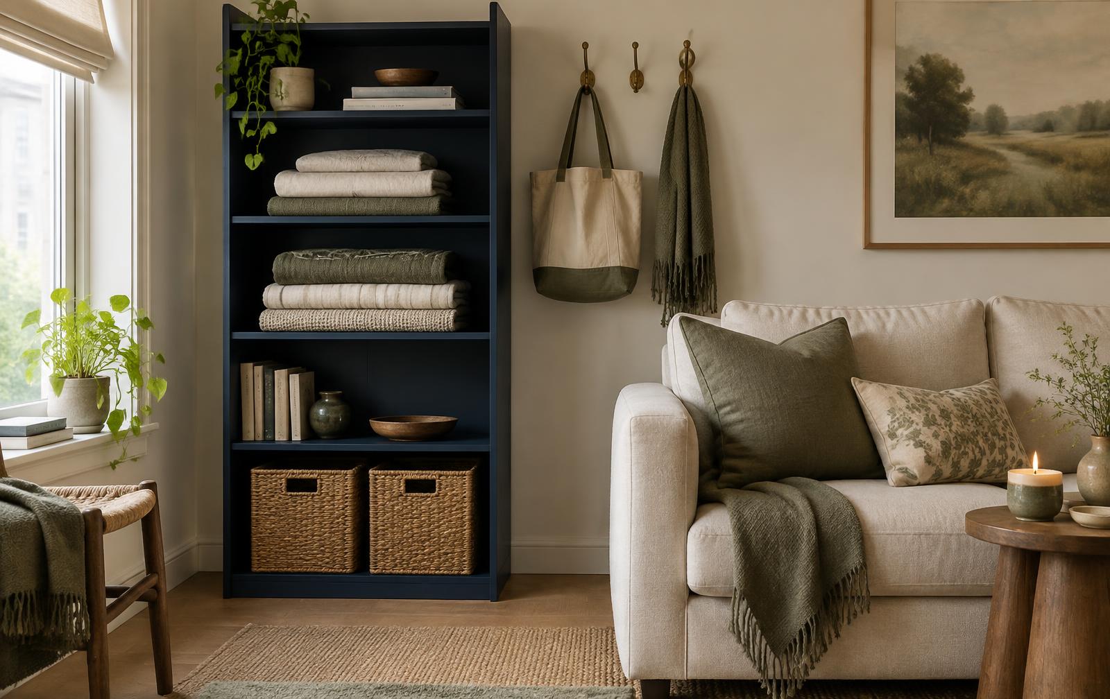 A small apartment living corner with a navy bookshelf of folded linens, woven baskets under a light sofa, wall hooks with a tote bag, and a lit candle on a side table